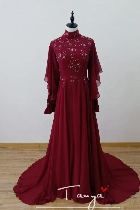 Chiffon Burgundy Elegant Arabic Muslim Wedding Dresses DQG923 TANYA BRIDAL Chiffon Burgundy Elegant Arabic Muslim Wedding Dresses DQG923 TANYA BRIDAL