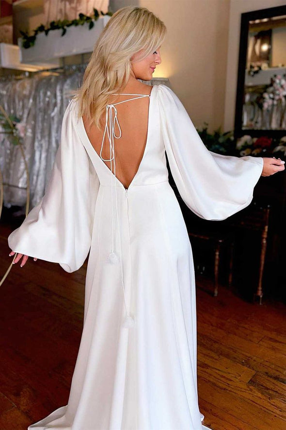 V Neck Long Sleeves High Side Split Wedding Gown 24311423