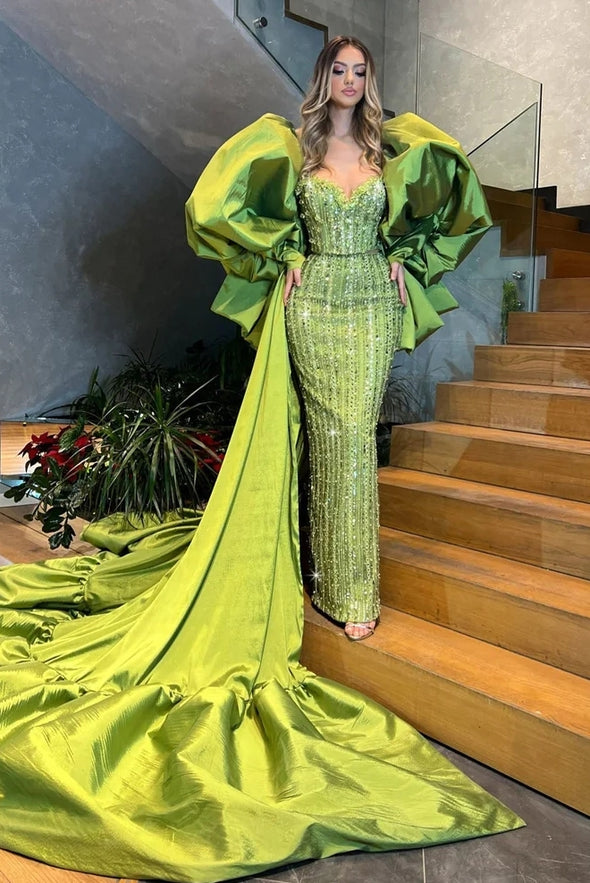 New Fashionable Taffeta Long Green Evening Dress Cape