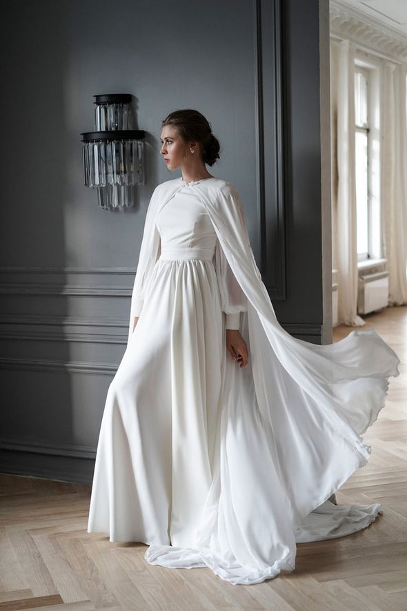 Chiffon Wedding Dress Full Sleeves With Cape