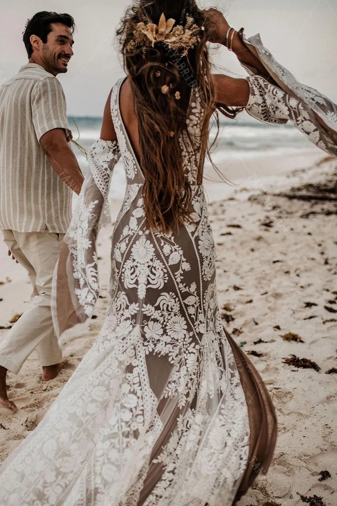 Bohemian Charming Mermaid Lace Wedding Dresses DW584 – TANYA BRIDAL