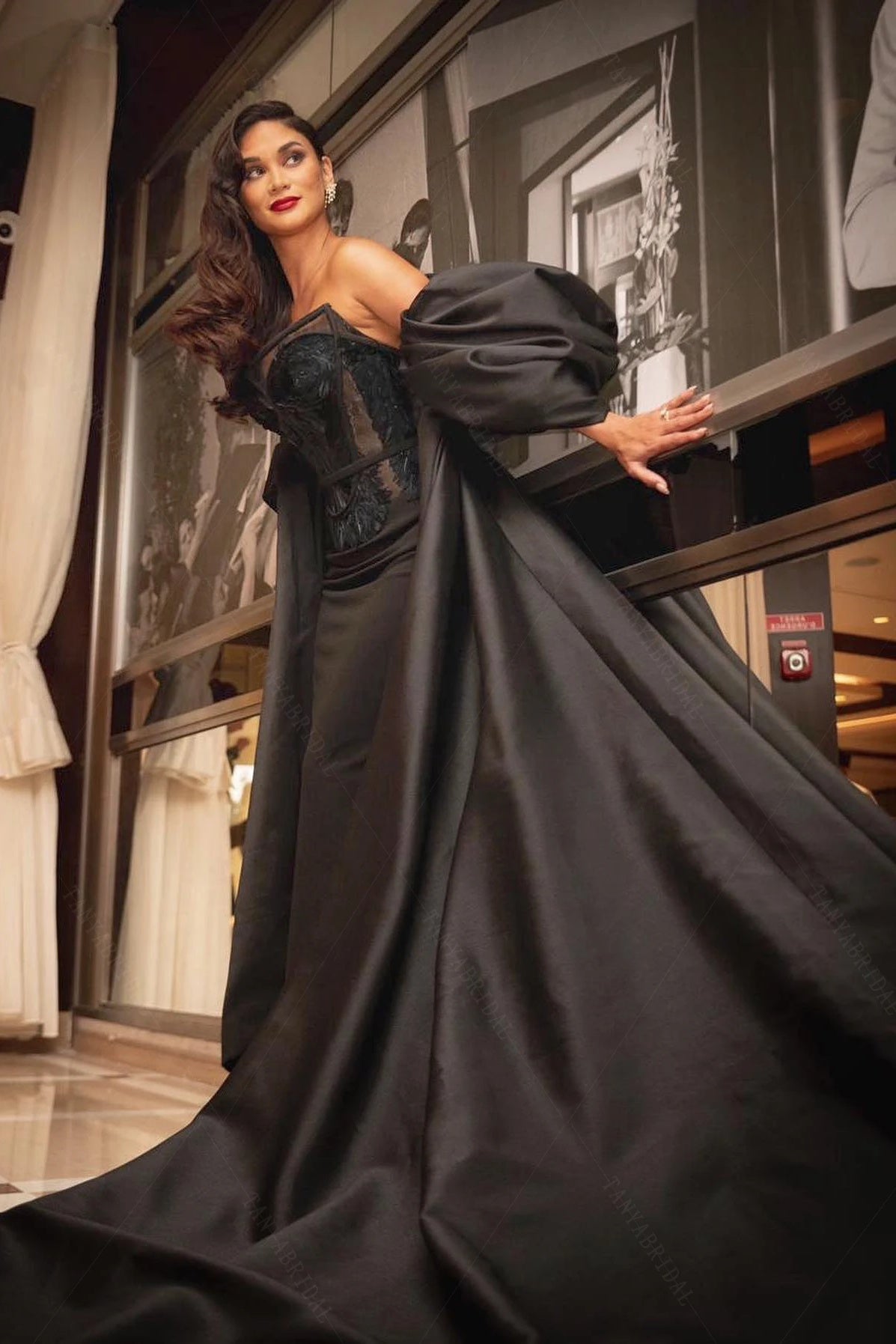 Black Color Puffy Cape With Long Train Charming Jacket Chic ZJ153 – TANYA BRIDAL