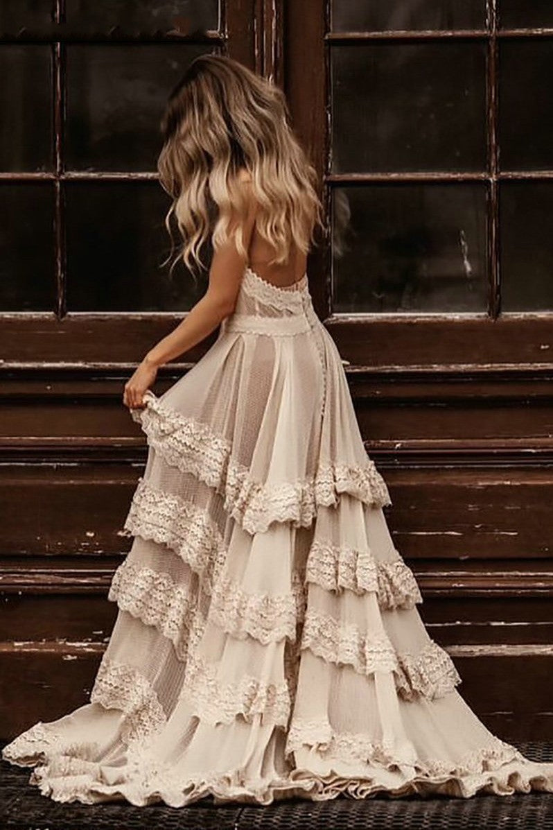 Bohemian Halter Backless Illusion Wedding Dresses A-Line TANYA BRIDAL Bohemian Halter Backless Illusion Wedding Dresses A-Line TANYA BRIDAL