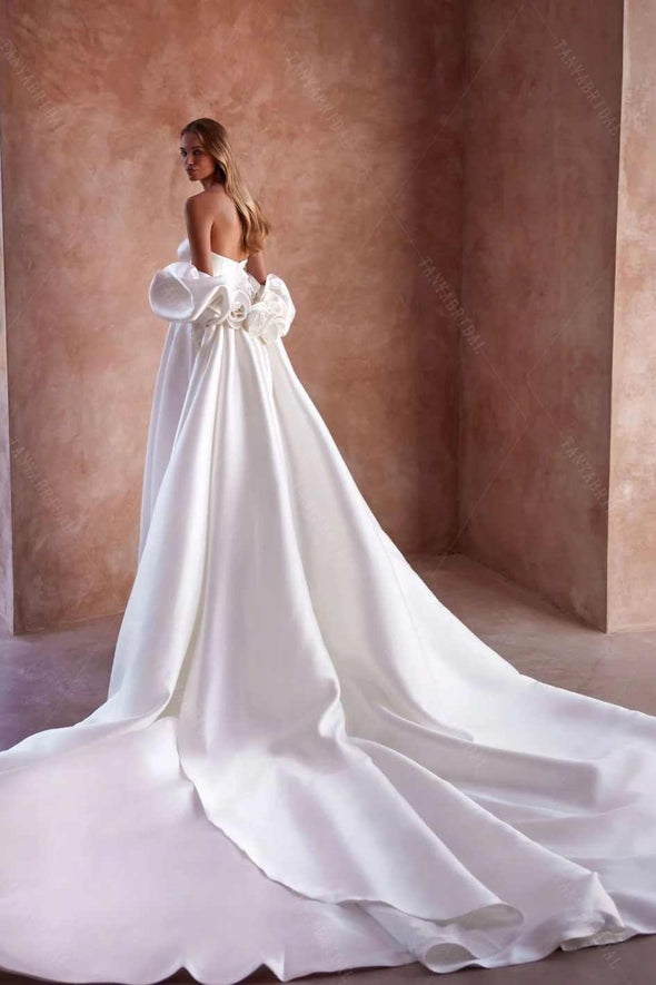 #DZ9434 Refined Mikado Satin Long Cape With Puff Sleeves
