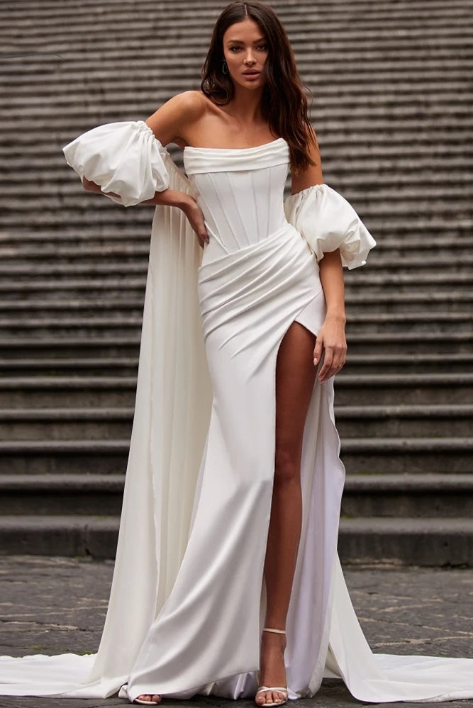 Satin Wedding Wedding Dress With Long Cape Soft Satin Puffy