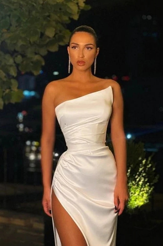 Sexy White Prom Dresses With High Split Satin Evening Gowns Sexy White Prom Dresses With High Split Satin Evening Gowns