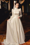 Crew Shoulder Full Sleeves A Line Satin Muslim Wedding Gown