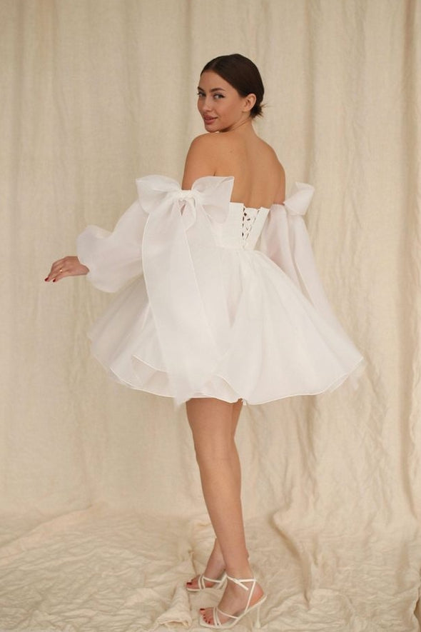 White Homecoming Dress With Detachable Bow Sleeves