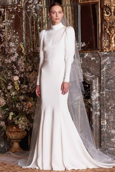 Modest Long Simple Wedding Dress High Neck Full Sleeves