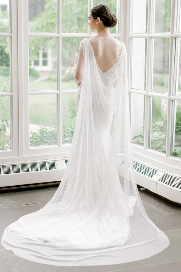 Simple Bohemian Long Tulle Wedding Bridal Cape With Pin