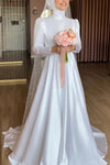 White Musllim Wedding Dresses For Bride High Neck