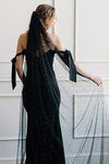 V05 Black Bride Party Veil With Pearls Short & Long With Comb