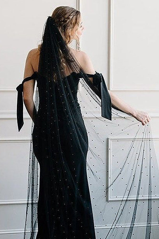 V05 Black Bride Party Veil With Pearls Short & Long With Comb – TANYA BRIDAL