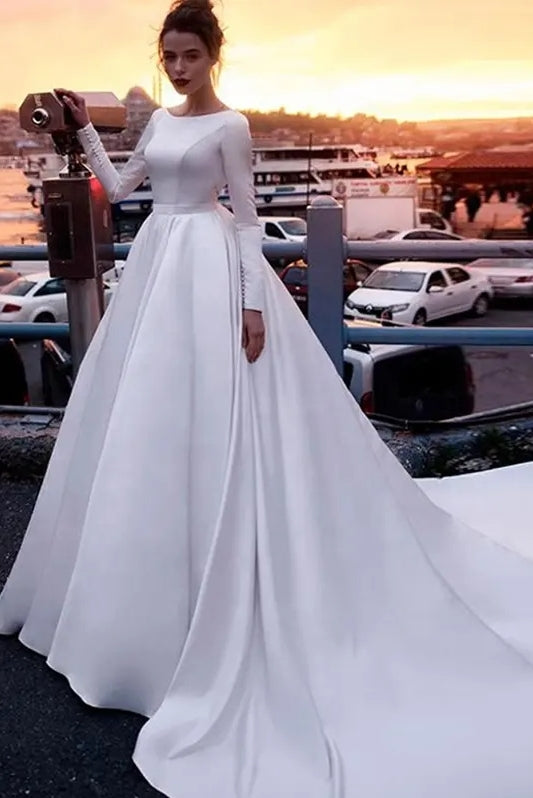 Romantic Satin Wedding Dress V Back Full Sleeves With Buttons