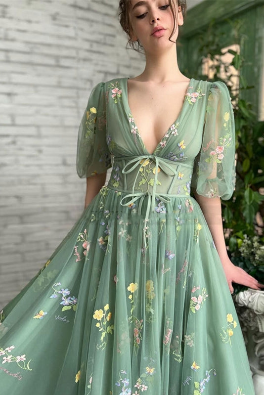 Embroidery A Line V Neck Tulle Homecoming Dress Short Sleeves