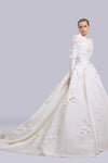 Luxury Long Sleeves Satin Flowers Backless Wedding Bridal Gown