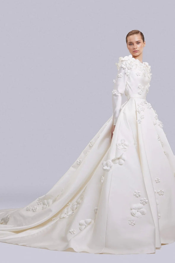 Luxury Long Sleeves Satin Flowers Backless Wedding Bridal Gown