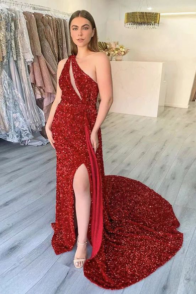 One Shoulder Red Long Sequins Backless Prom Dress 24381728