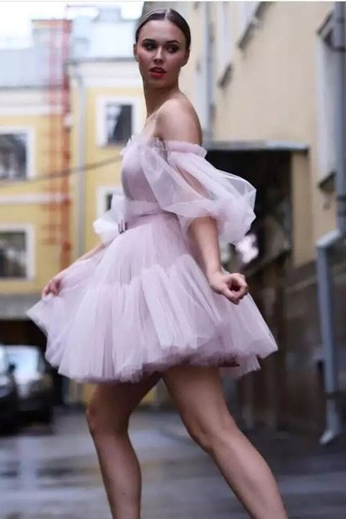 Pink Tulle Off The Shoulder Homecoming Dress Mini