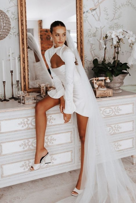 Short Wedding Dress With Full Sleeves Jacket TANYA BRIDAL Short Wedding Dress With Full Sleeves Jacket TANYA BRIDAL