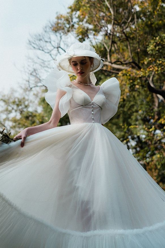 Fairy A Line Tulle Mid Calf Wedding Dress With Short Sleeves TANYA BRIDAL Fairy A Line Tulle Mid Calf Wedding Dress With Short Sleeves TANYA BRIDAL