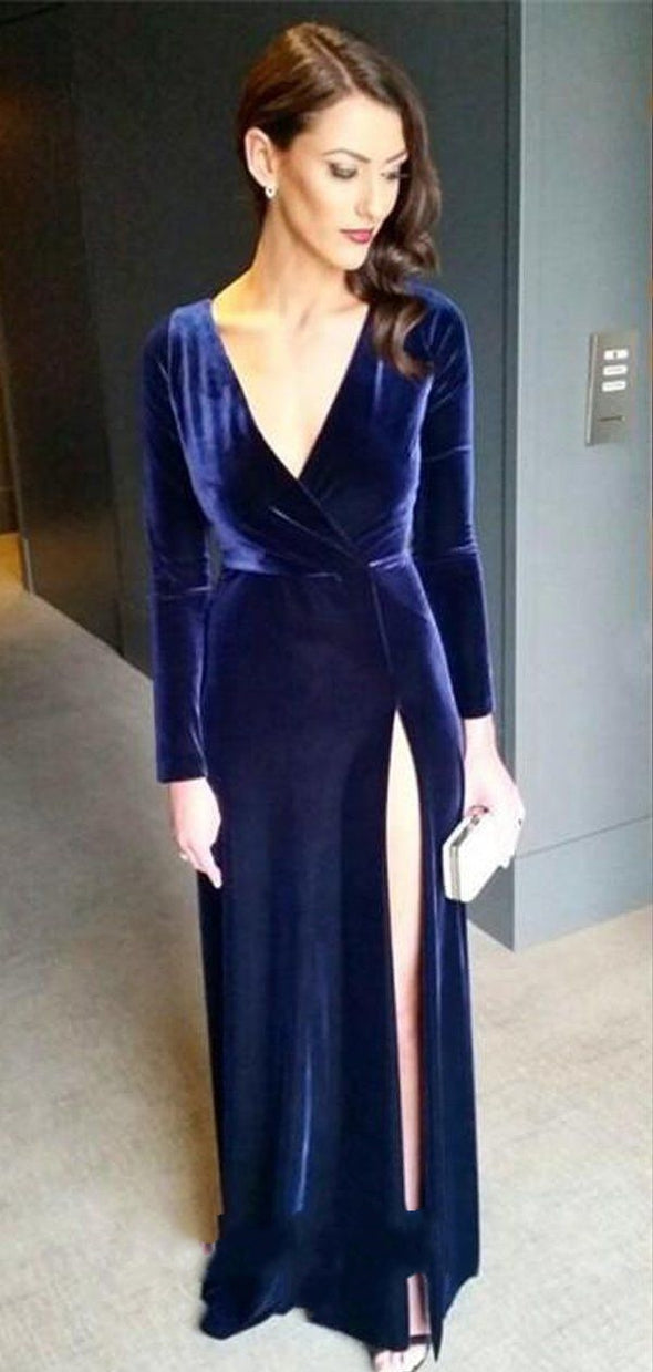 Velvet Long Evening Dress High Side Slit Deep V Neck Prom Gown