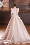 High Neck Long Sleeves Simple Satin Wedding Dress Muslim Arabic Gown