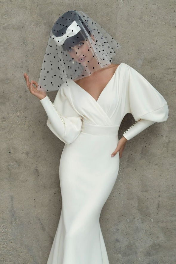 Simple Soft Satin Long Mermaid Full Sleeves Wedding Dress