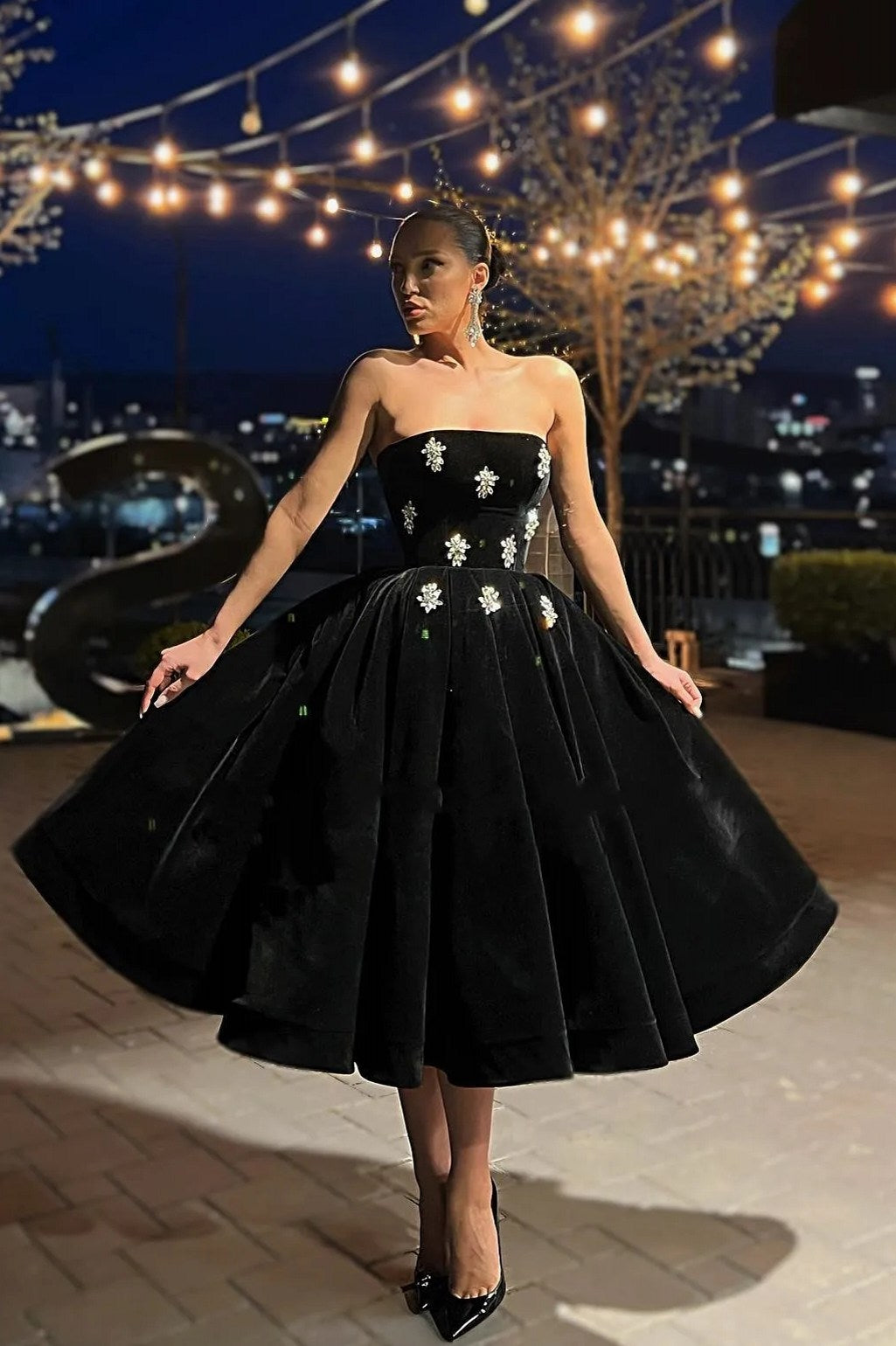 Black Velvet Midi Prom Dresses With Crystal TANYA BRIDAL Black Velvet Midi Prom Dresses With Crystal TANYA BRIDAL