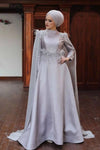 Lavender Long Muslim Wedding Dress Ostrich Feather With Detachable Cape