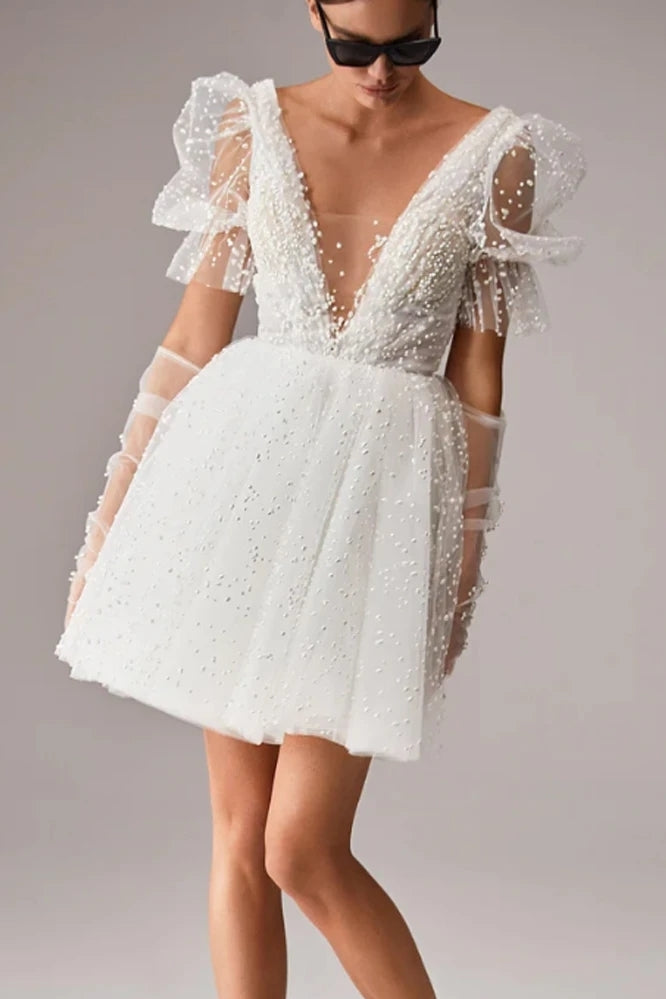 White Fairy Short Mini Cocktail Dress With Pearls – TANYA BRIDAL