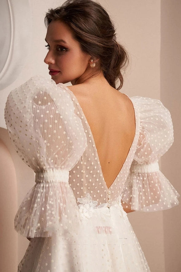 V Neck Backless Pearls Puff Sleeves Short Wedding Dresses