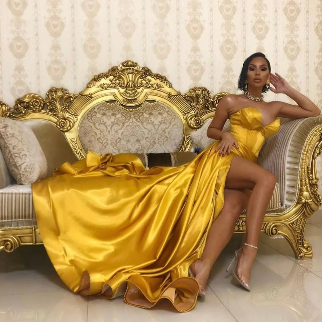 A Line Sweetheart High Split Prom Dresses Gold TANYA BRIDAL A Line Sweetheart High Split Prom Dresses Gold TANYA BRIDAL