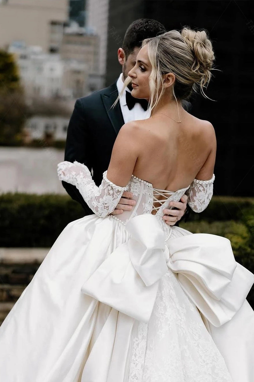 Lace Satin Ball Gown Wedding Dress With Bow Back DW901 TANYA BRIDAL Lace Satin Ball Gown Wedding Dress With Bow Back DW901 TANYA BRIDAL