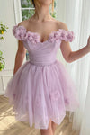 Charming Lilac Cute Short Homecoming Dresses Handmade 3D Flowers Mini Prom Gowns