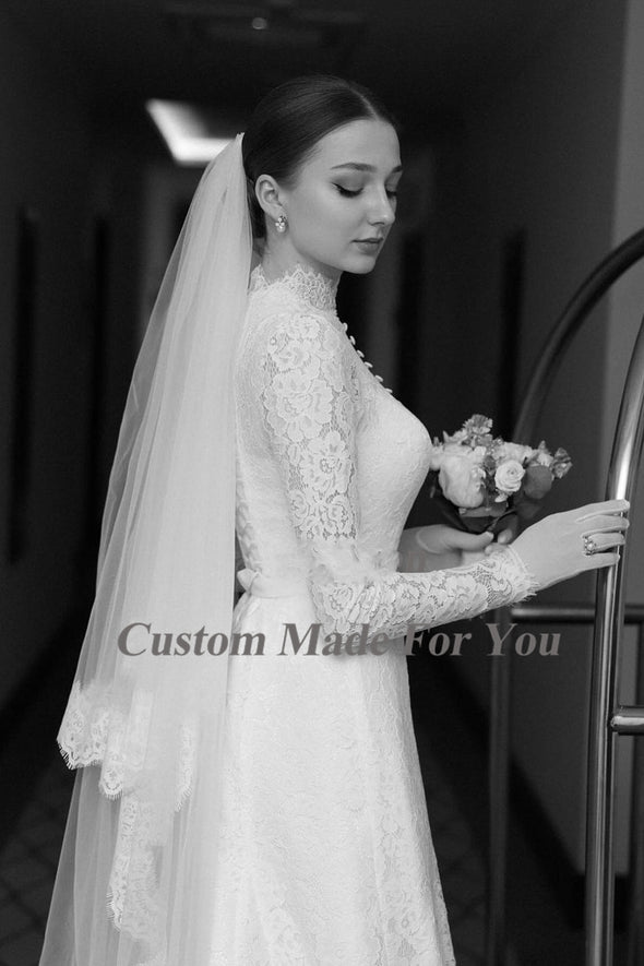 Wedding Gowns High Neck Buttons Formal Bride Dress
