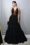 A Line Tank Black Evening Dresses Charming Embroidery vestidos de noche