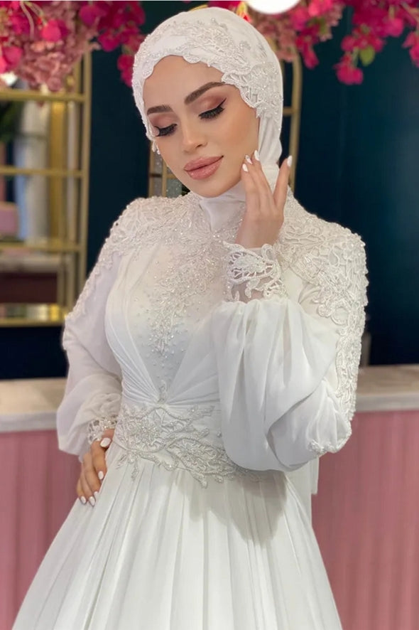 Chiffon Appliques Beaded Long Sleeve Muslim Wedding Dresses