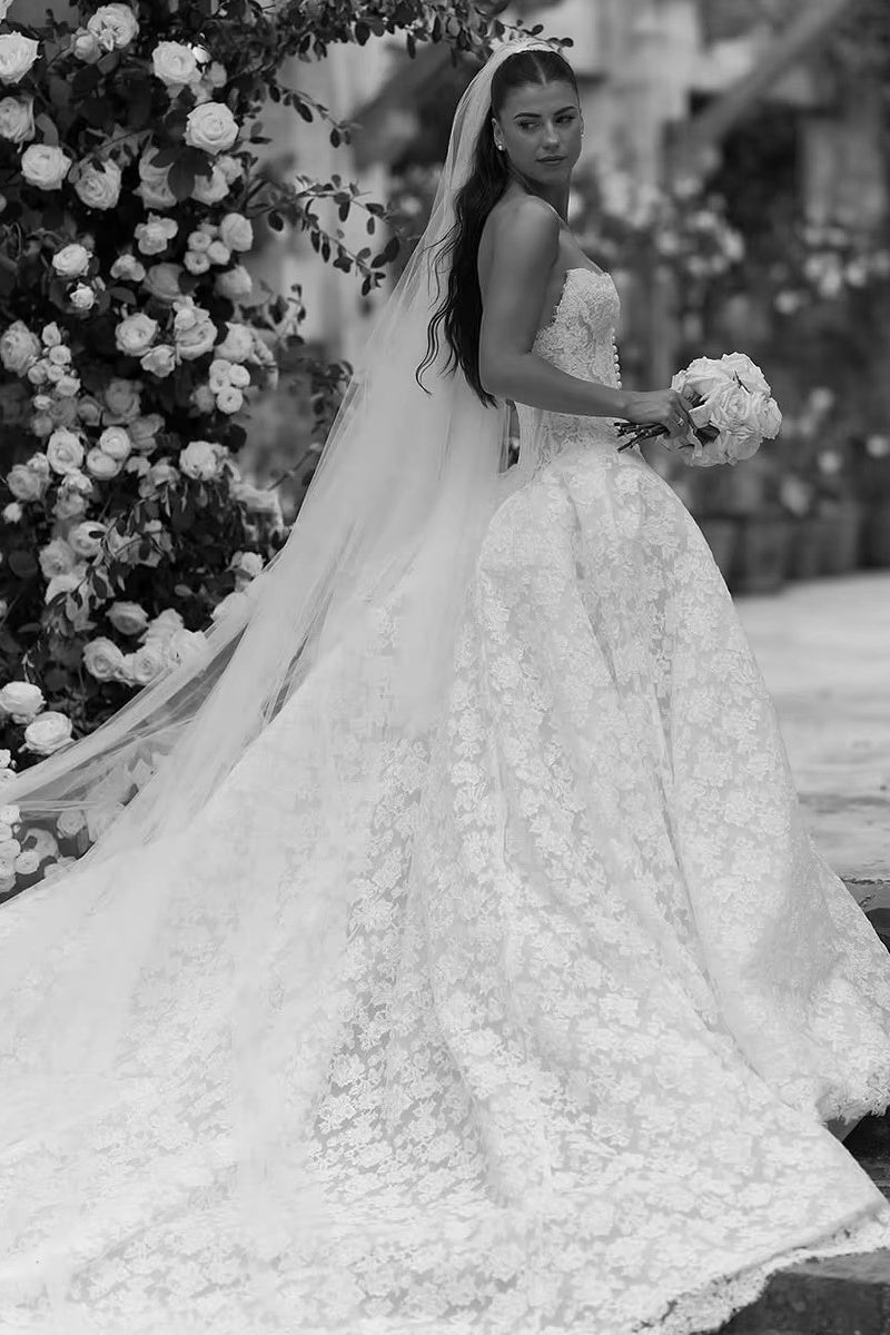 DZ9669 Buttons High Split Basque Drop Waist Wedding Dress – TANYA BRIDAL