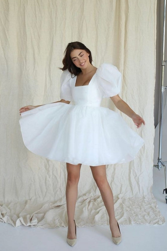 White Organza Square Neck Mini Homecoming Dress With Pearls TANYA BRIDAL White Organza Square Neck Mini Homecoming Dress With Pearls TANYA BRIDAL
