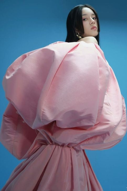 Puffy Outfit Strapless Full Sleeves Pink Taffeta Wedding Cape