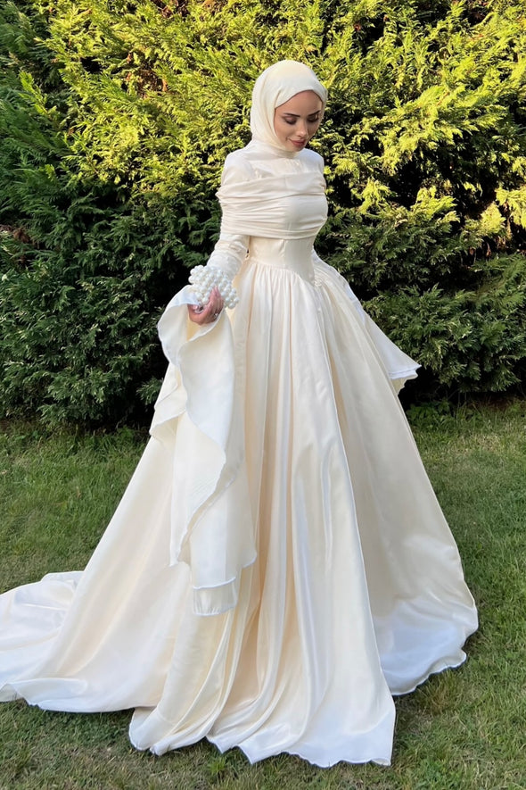 #DZ9445  Taffeta Muslim Wedding Dress Long Sleeves