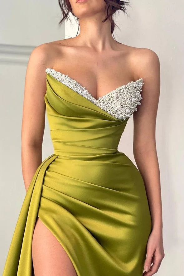 Olive Green Prom Dress Mermaid Sweetheart Slit Long With Pearls