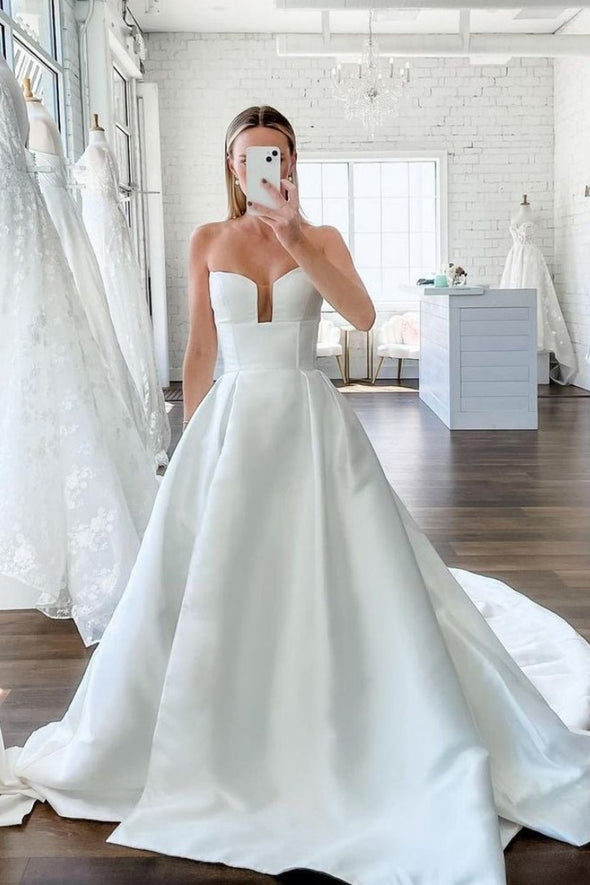 Sweetheart A Line Satin Wedding Gown With Buttons