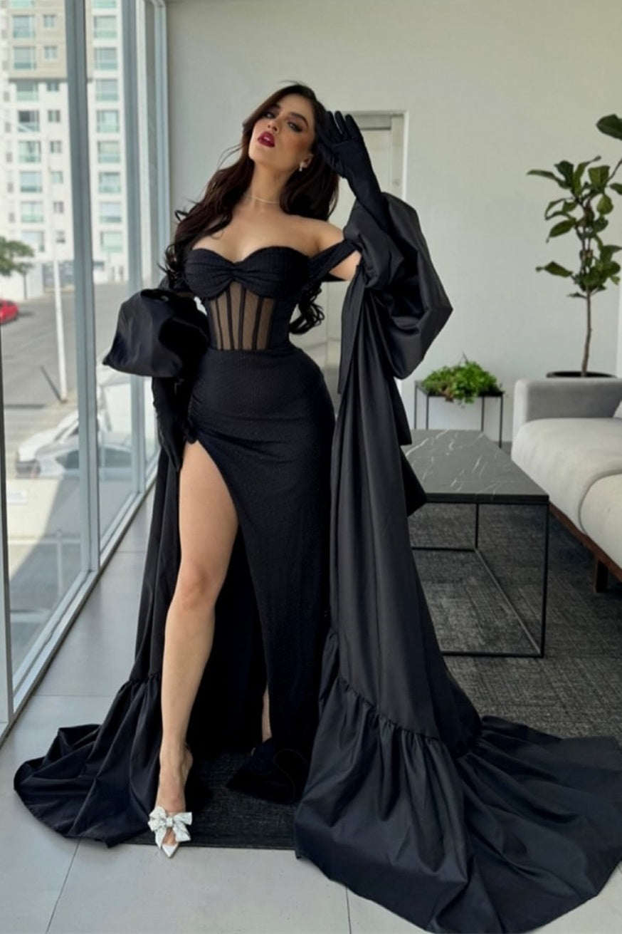 Modern Black Off-the-Shoulder Prom Dress With Cape – TANYA BRIDAL
