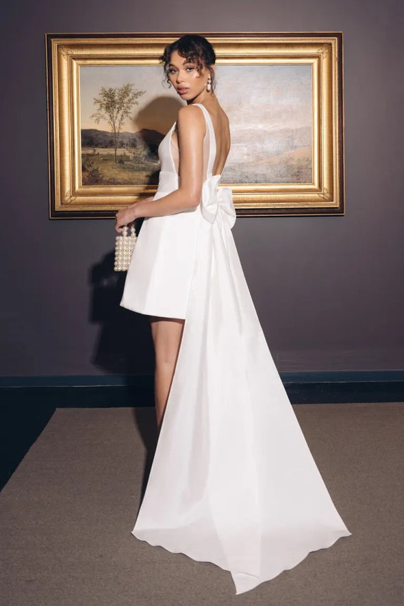 Summer Wedding Dress Short Bridal Gown With Bow Train