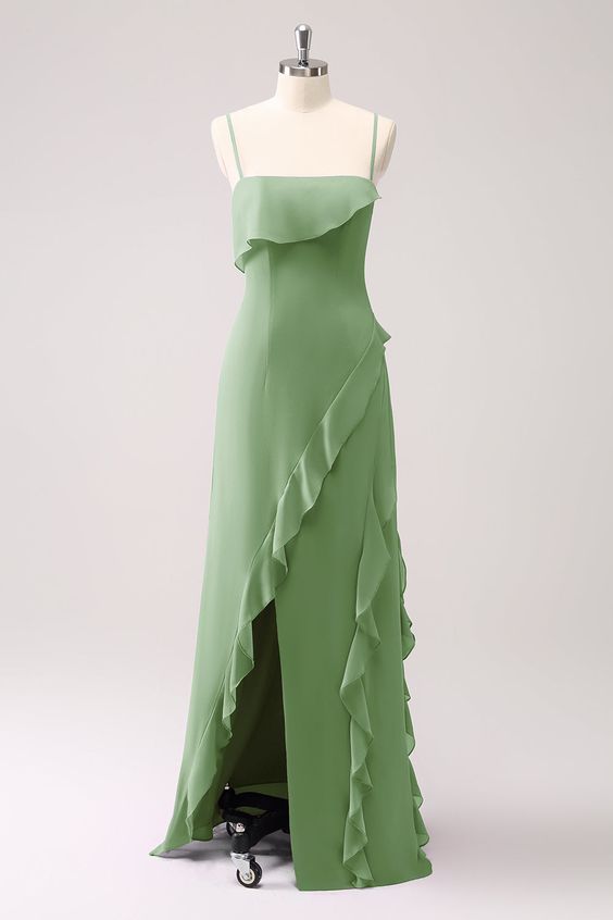 Spaghetti Strap A Line Sage Green Long Chiffon Bridesmaid Dress – TANYA BRIDAL