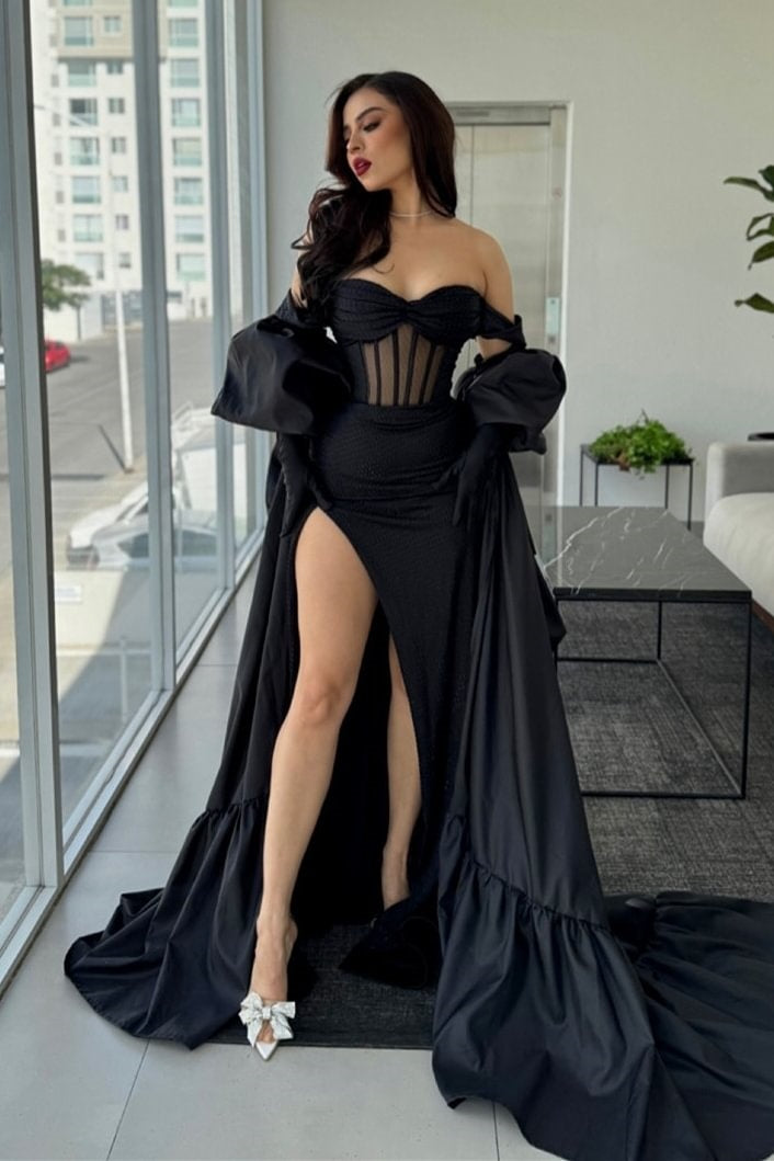 modern black dress Modern Black Off-the-Shoulder Prom Dress With Cape