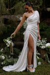 One Shoulder Simple Satin Wedding Dress Pleated With Split