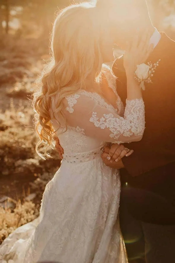 #DZ9369 A Line Lace V Neck Plus Size Wedding Gown